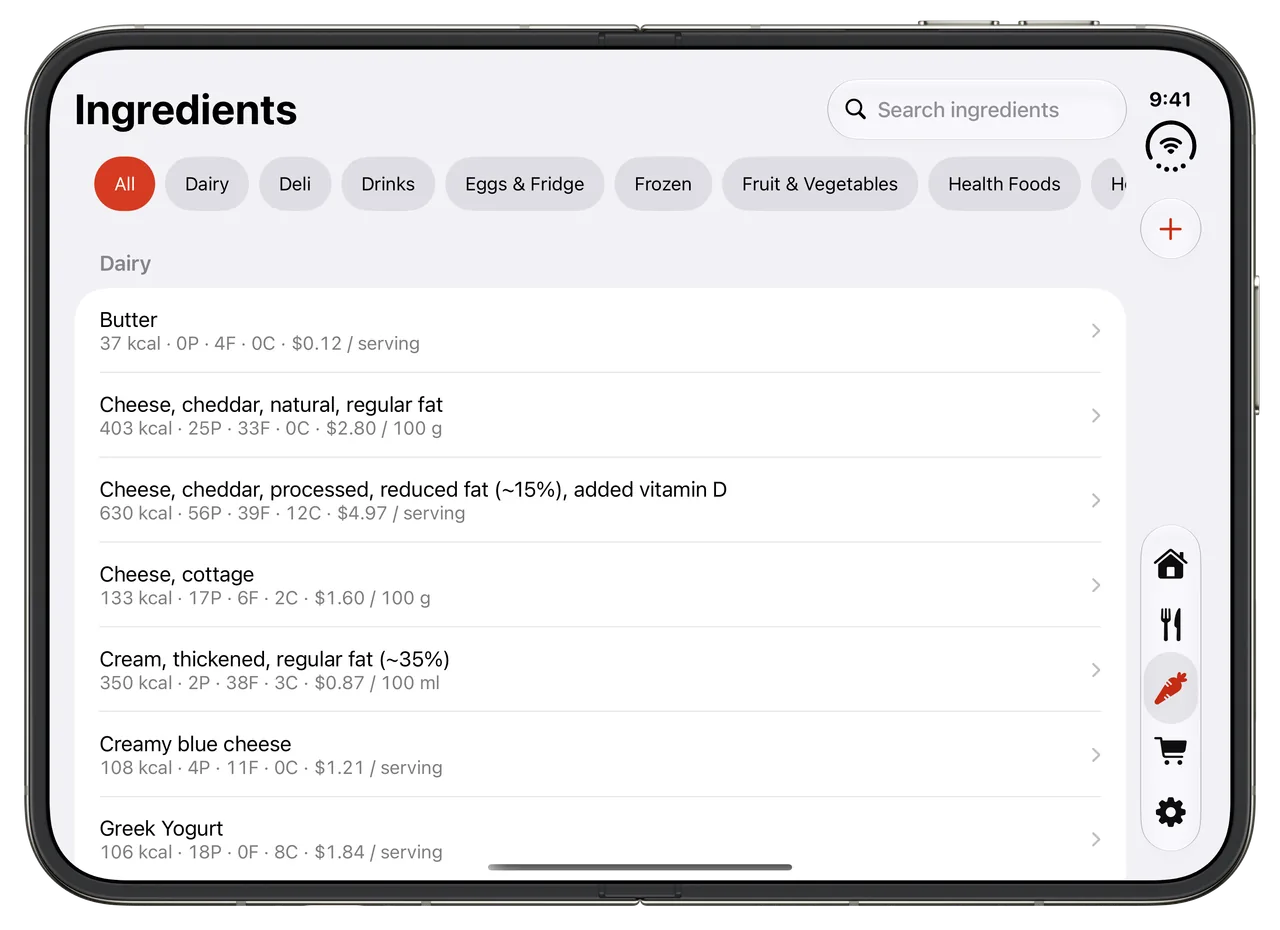 The Plateflow Ingredients screen on an unfolded iPhone Duo, listing ingredients with their nutrition and price across the wide display.