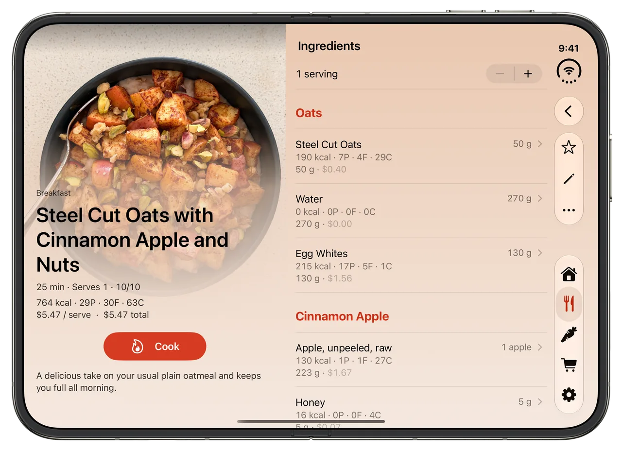A Plateflow recipe on an unfolded iPhone Duo, with the recipe and its price per serve on one side and the ingredient list with prices on the other.