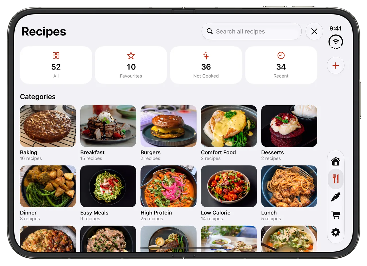 The Plateflow Recipes screen on an unfolded iPhone Duo, with recipe categories in a wide photo grid.