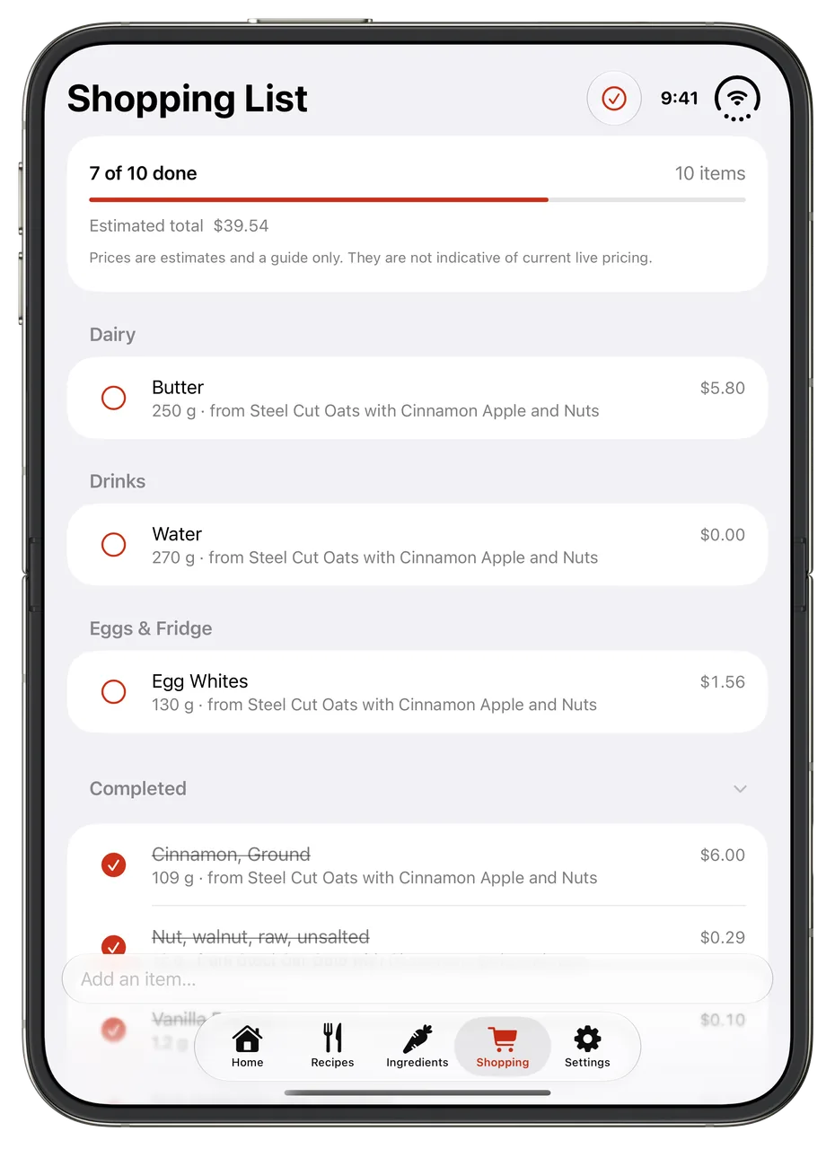 The Plateflow Shopping List on an unfolded iPhone Duo held upright, with items grouped by category and an estimated total.