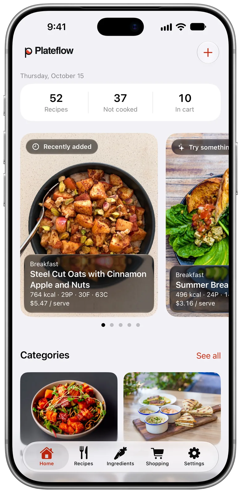 The Plateflow Home screen, showing a recipe card with its calories, macros and price per serve.