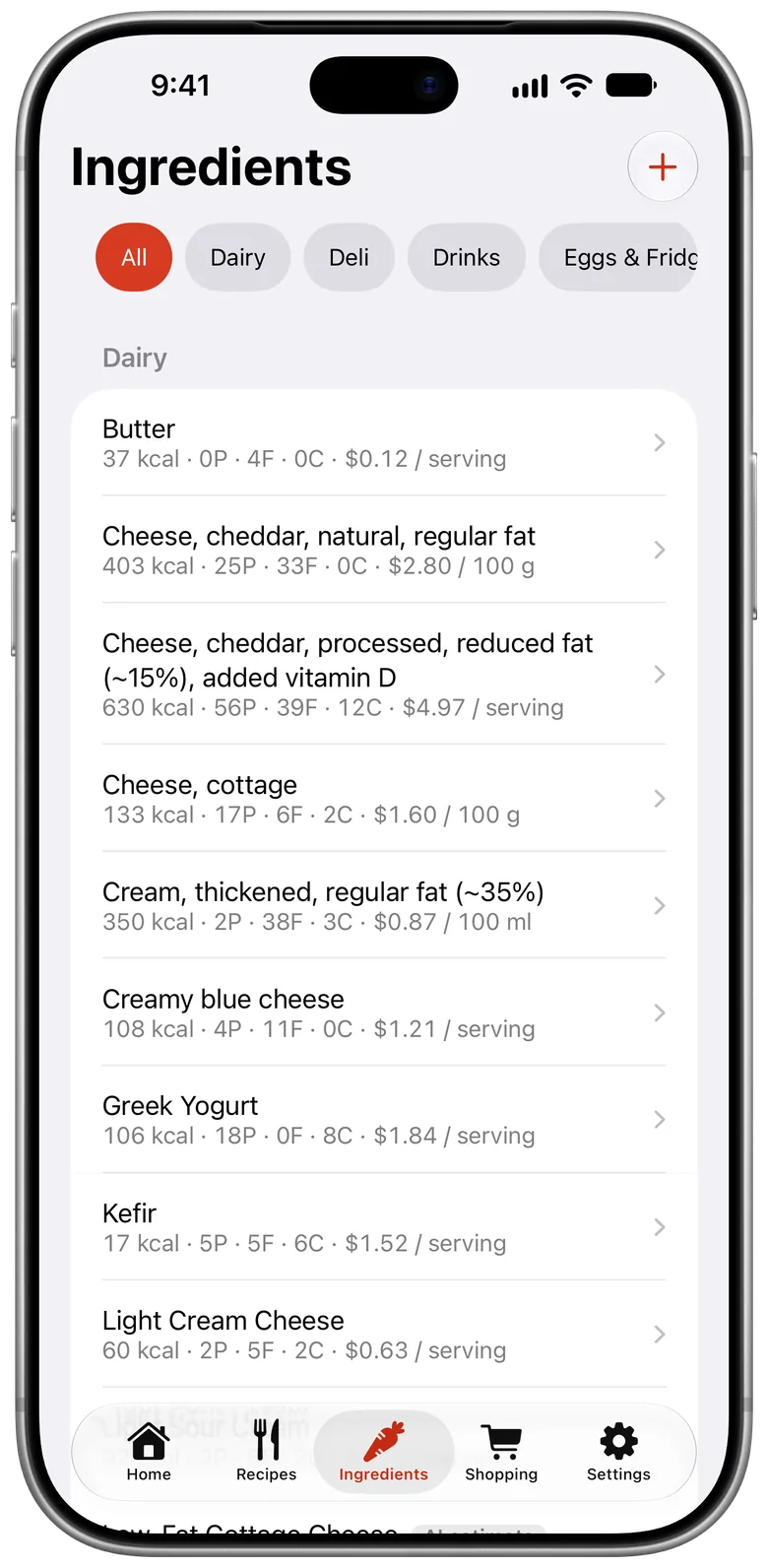 The Plateflow Ingredients screen, listing ingredients with their nutrition and price.