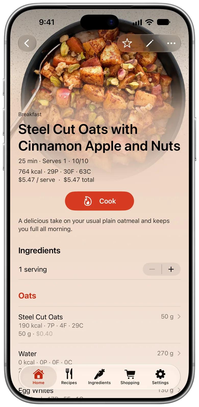 A Plateflow recipe, showing calories, protein, fat and carbs, and a price per serve of $5.47.