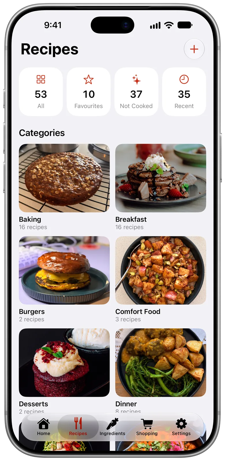 The Plateflow Recipes screen, with recipes sorted into categories and shown as a photo grid.