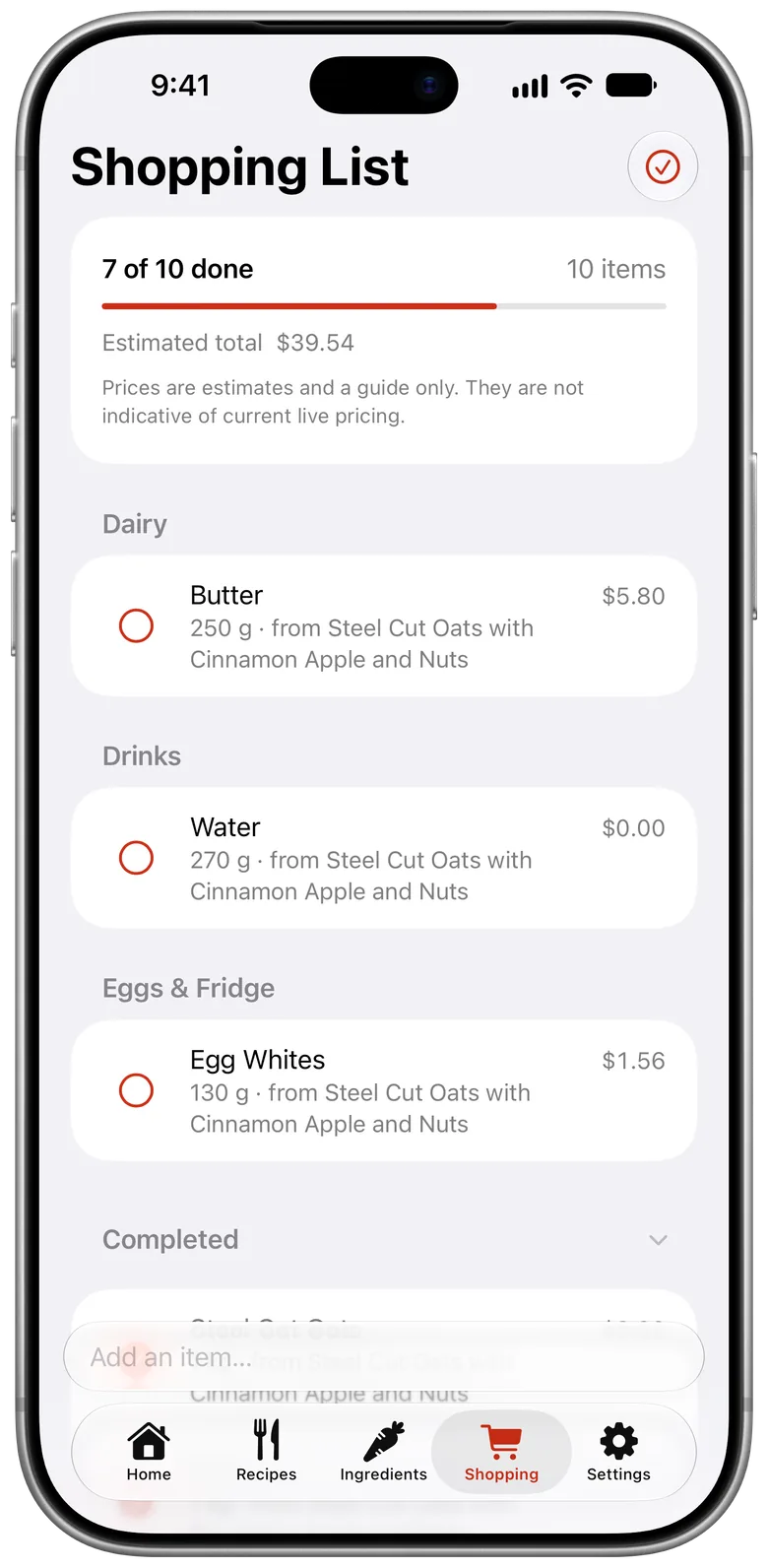 The Plateflow Shopping List, with items grouped by category and an estimated total.